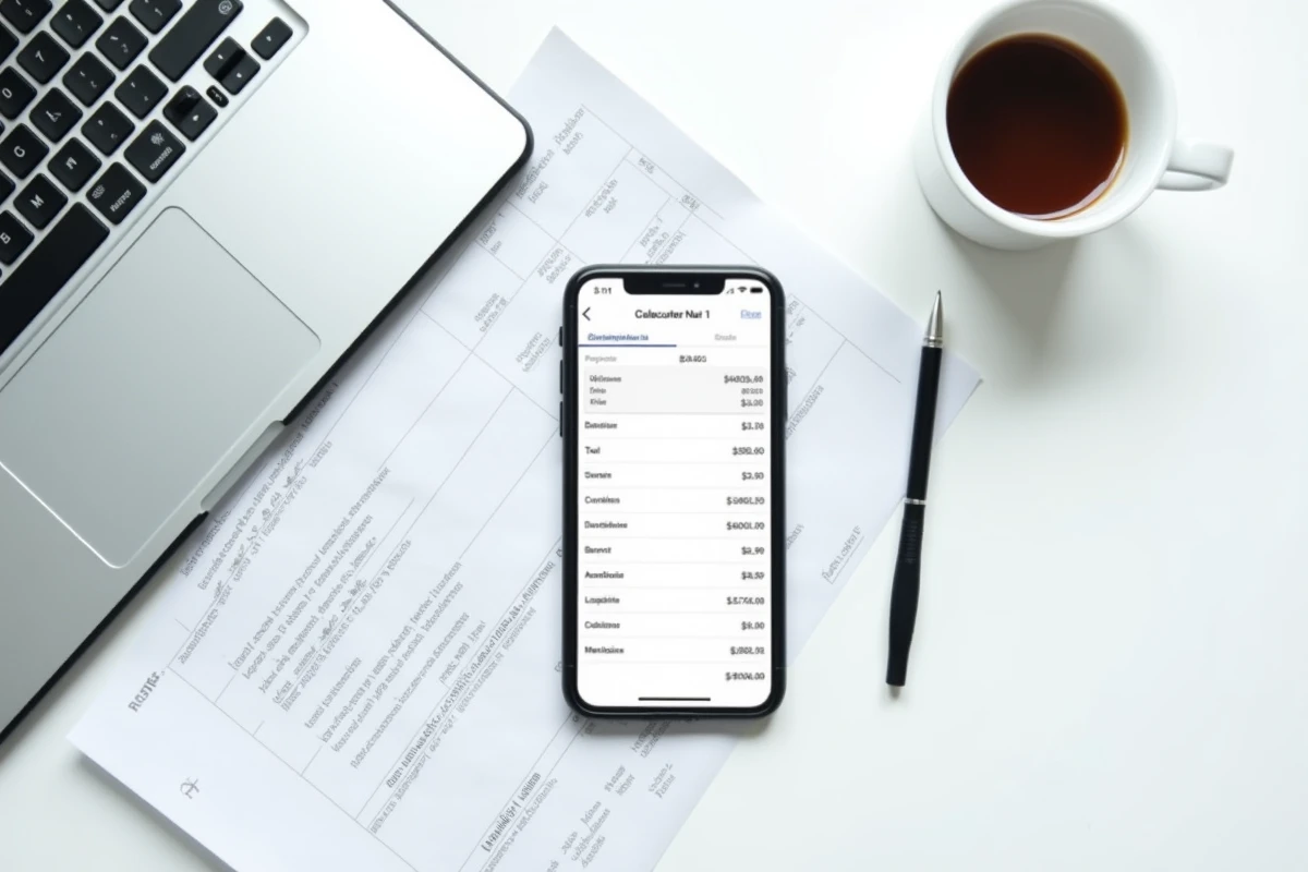 Vue aérienne d'une fiche de paie française et d'une calculatrice de salaire net sur un bureau, illustration du salaire 2200 euros brut en net