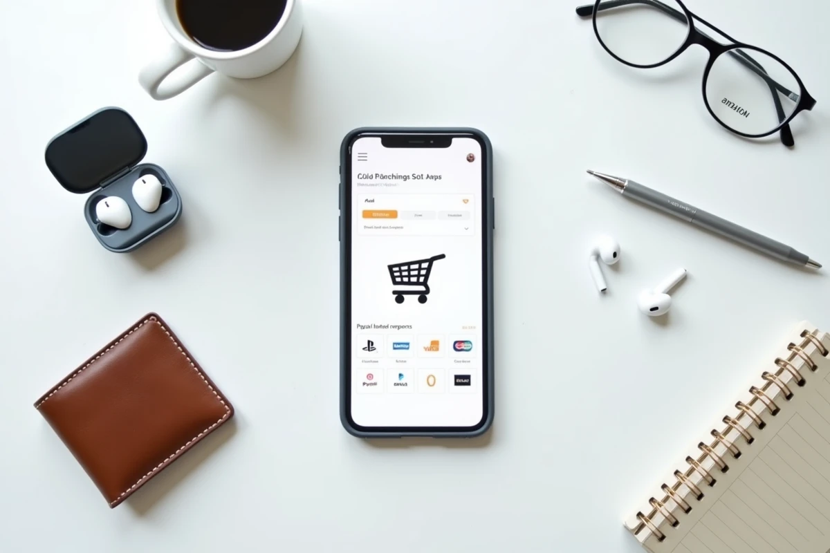 Vue aérienne d'un bureau minimaliste avec smartphone affichant une page de paiement Amazon et logo PayPal, portefeuille et accessoires
