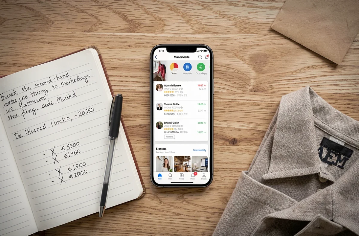 Vue aérienne d'un smartphone avec historique de transactions Vinted, carnet de notes et vêtements pliés sur une table en bois