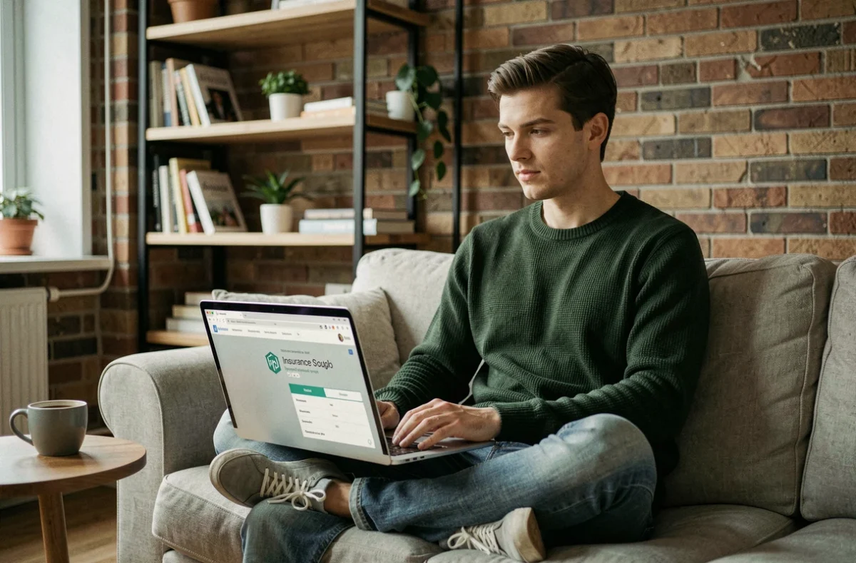 Jeune freelance souscrivant une assurance RC pro en ligne depuis son appartement avec un ordinateur portable