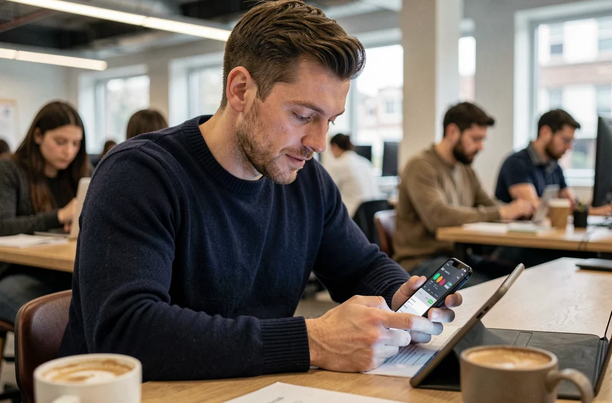 Graphiste freelance vérifiant un paiement Venmo sur smartphone dans un espace de coworking