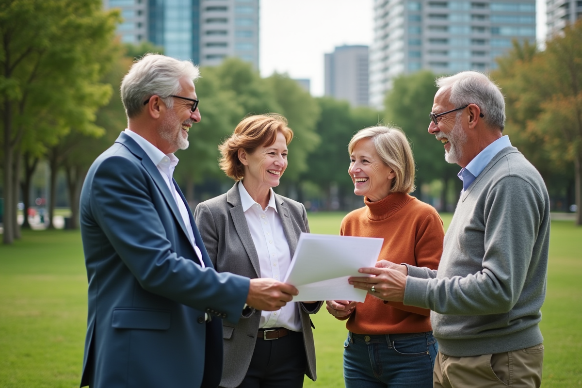 Groupe diversifié de personnes discutant dans un parc urbain
