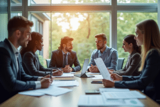Groupe de personnes dans une banque moderne discutant des avantages financiers 2025