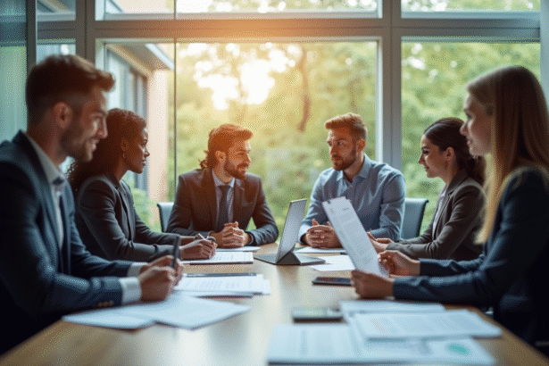 Groupe de personnes dans une banque moderne discutant des avantages financiers 2025