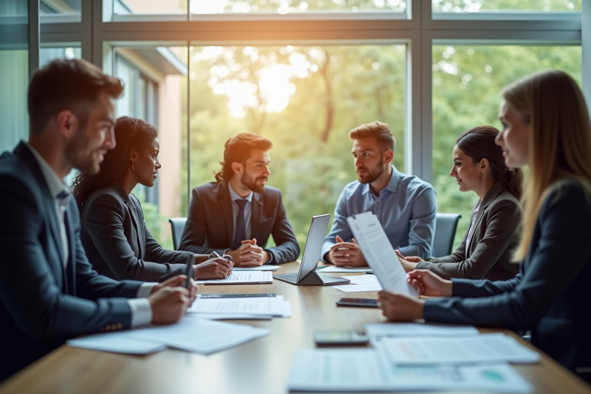 Groupe de personnes dans une banque moderne discutant des avantages financiers 2025