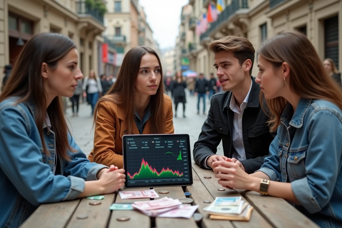 Jeunes discutant autour d une table avec des monnaies et un graphique