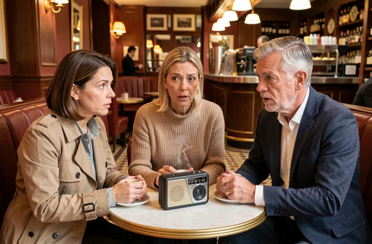 Groupe de professionnels français écoutant une chronique économique à la radio dans une brasserie parisienne