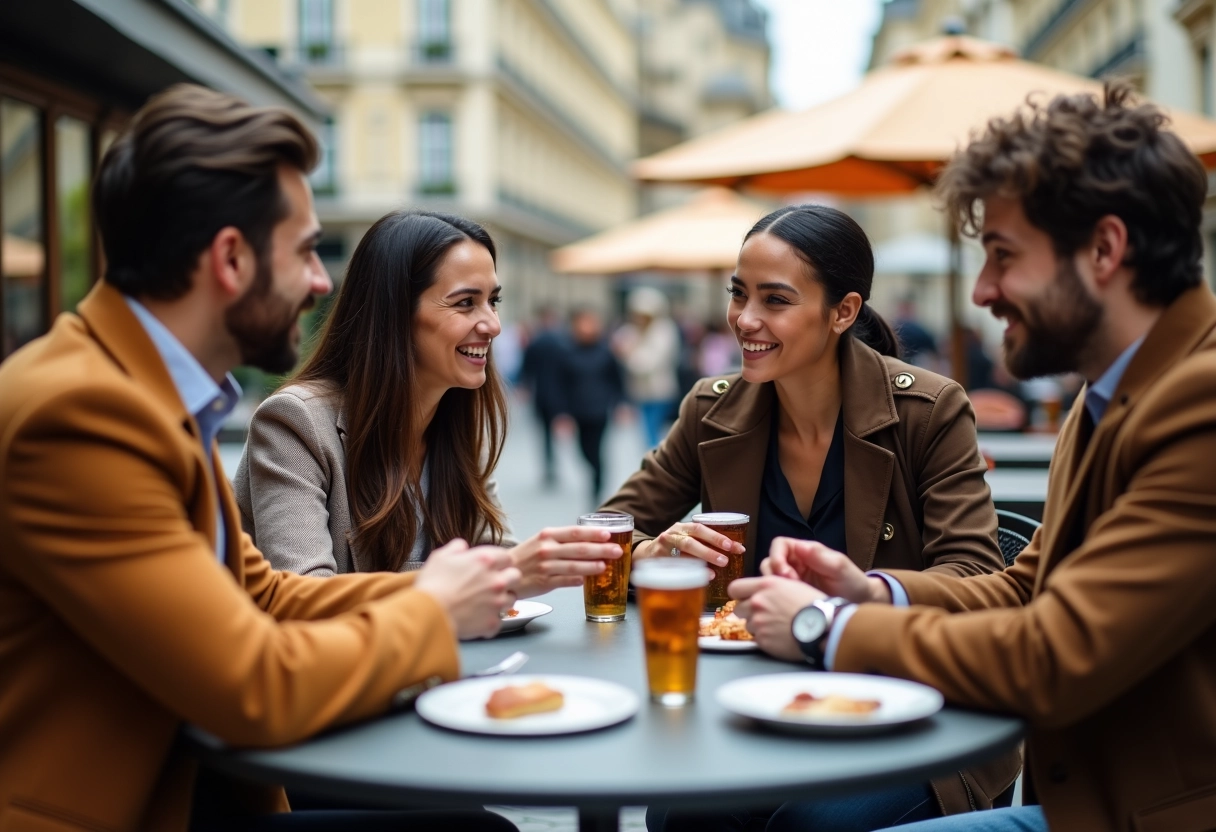 Groupe de jeunes discutant dans un café parisien animé