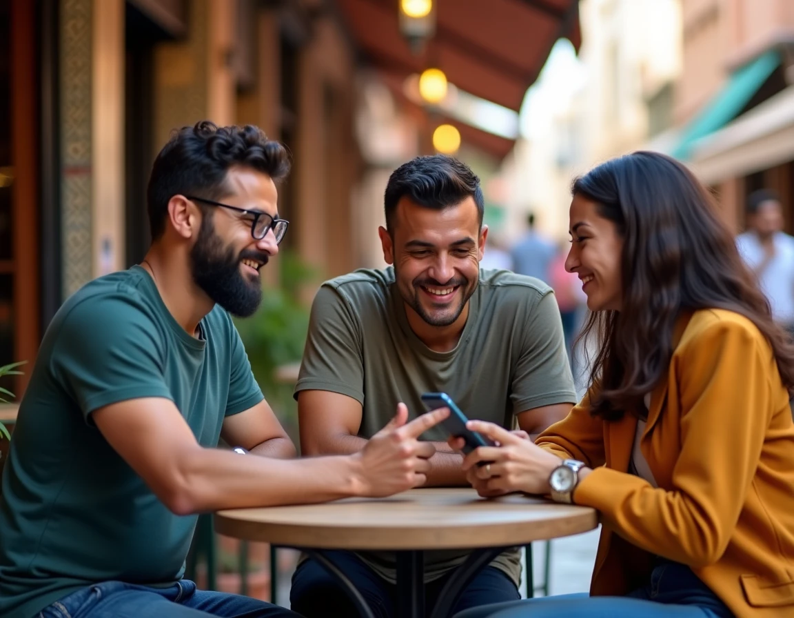 Groupe de Marocains discutant du classement des salaires autour d'un café, illustrant la comparaison des revenus au Maroc