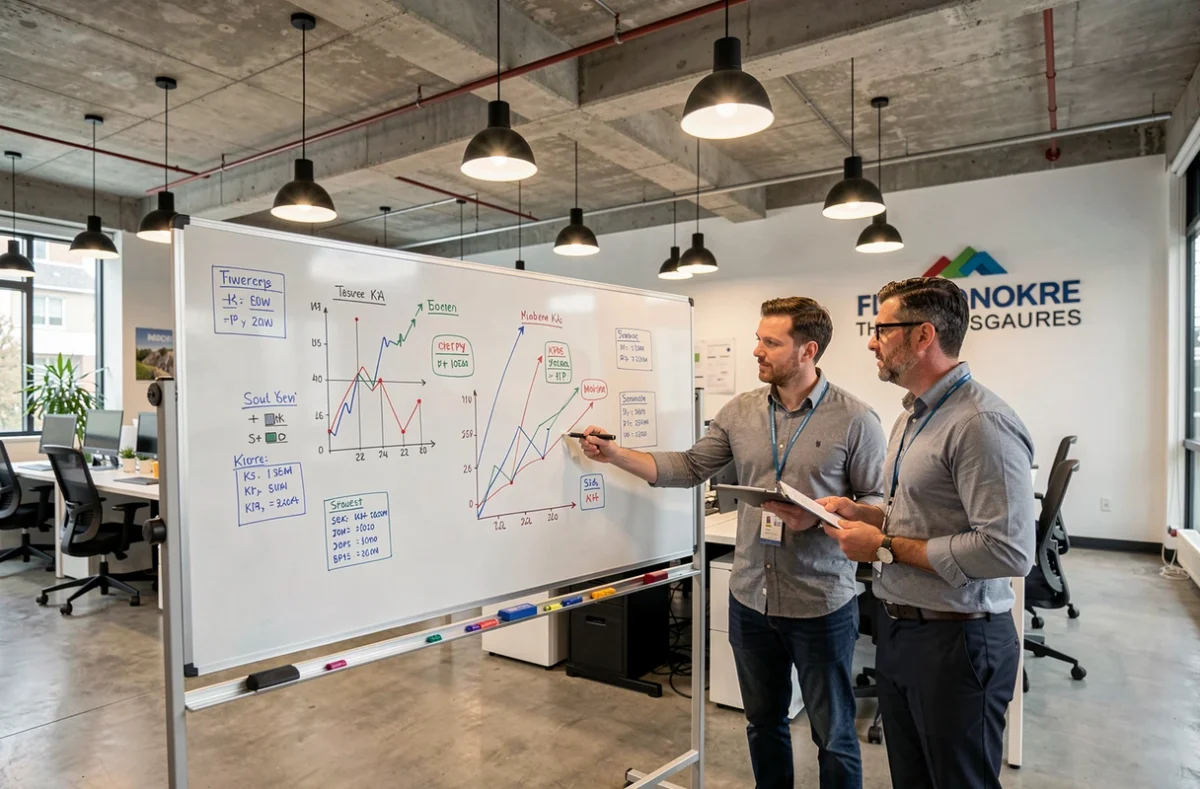 Équipe du Groupe Y Nexia Essonne en séance de travail stratégique autour d'un tableau de bord financier