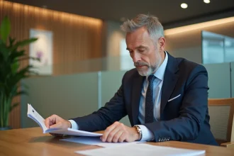 Homme d'affaires en costume dans une banque moderne