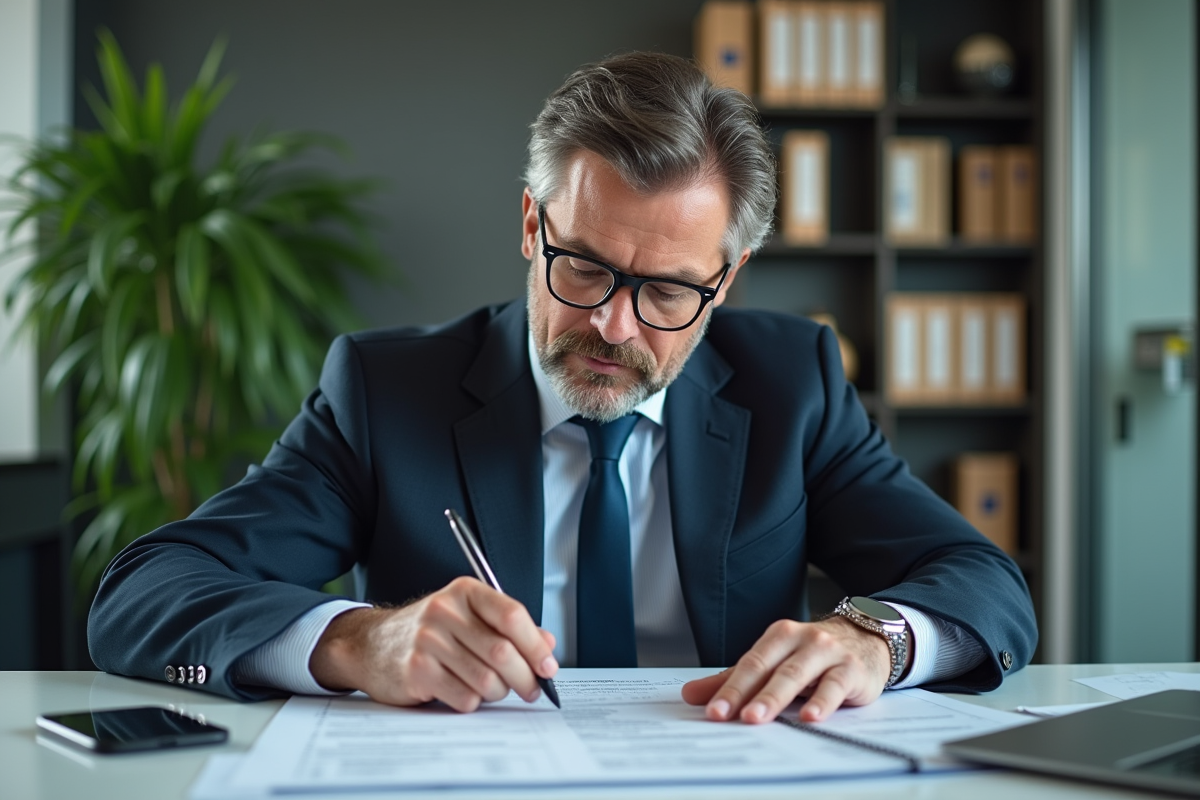 Homme d affaires en costume étudiant un relevé bancaire