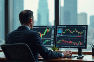 Homme d'affaires concentré devant ses écrans boursiers