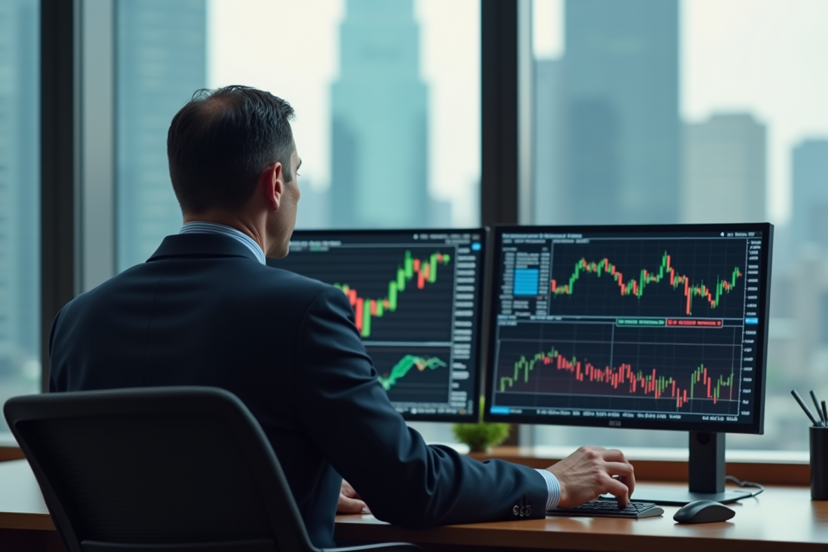 Homme d'affaires concentré devant ses écrans boursiers