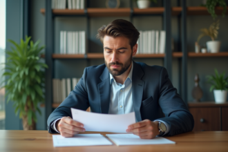 Homme d'affaires en réunion professionnelle examinant des papiers