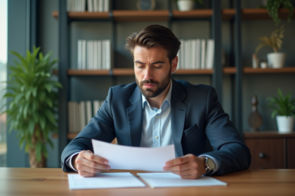 Homme d'affaires en réunion professionnelle examinant des papiers