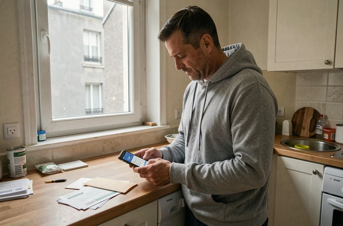 Homme vérifiant les dates de versement CAF sur son smartphone avec des factures posées sur le comptoir de cuisine