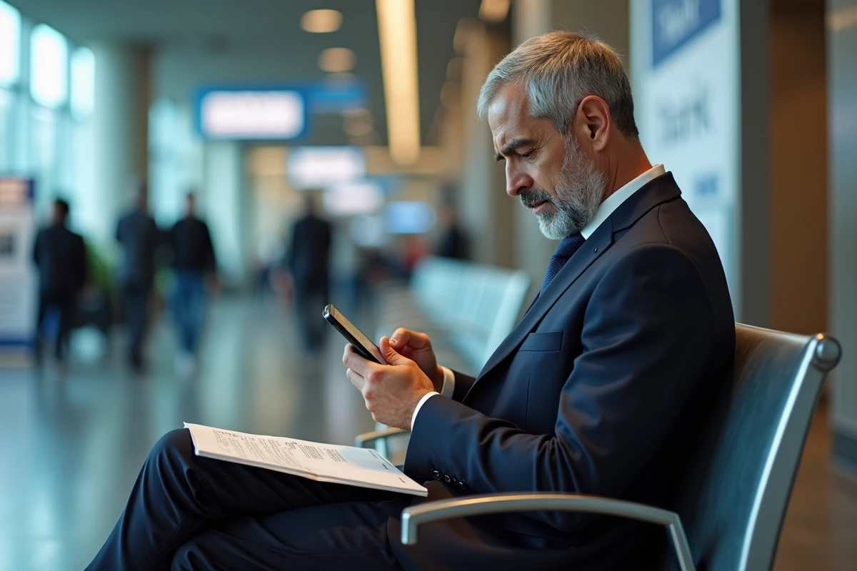 Homme d affaires anxieux dans un lobby bancaire