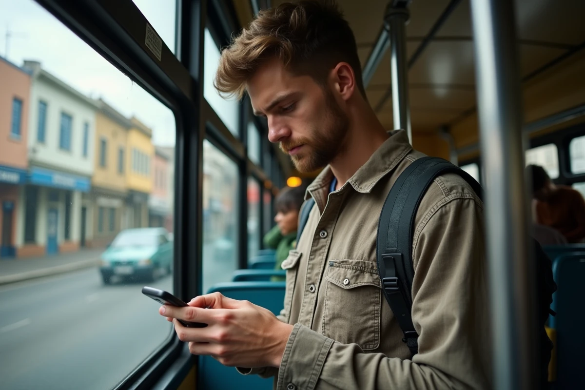 Jeune homme backpacker regardant son smartphone dans un bus argentin