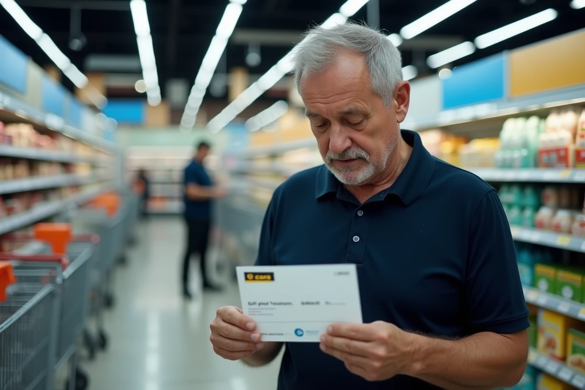 Homme examinant un bon d'achat Cora différé dans un rayon de supermarché