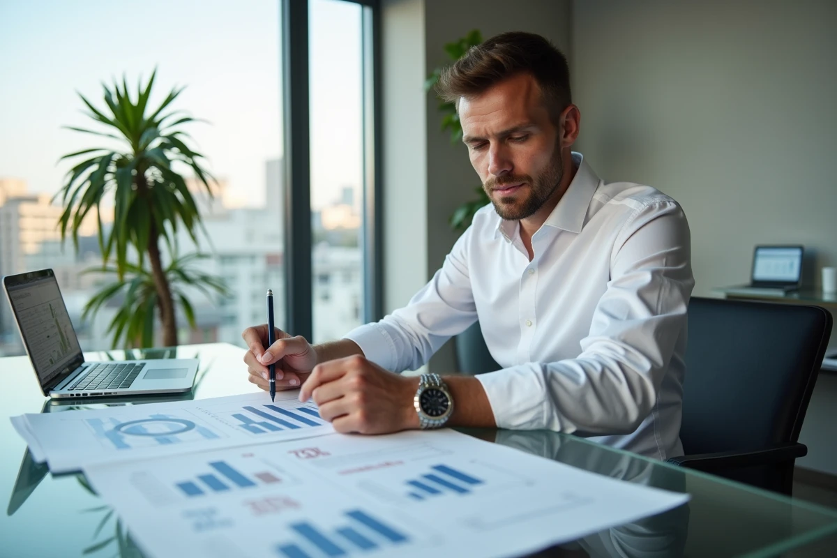 Homme en bureau analysant un tableau de pourcentages et un graphique illustrant un taux d'évolution chiffré