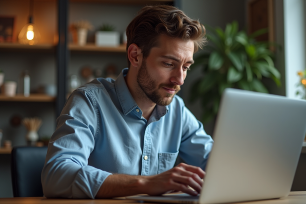 Homme concentré devant son ordinateur avec interface Bitcoin