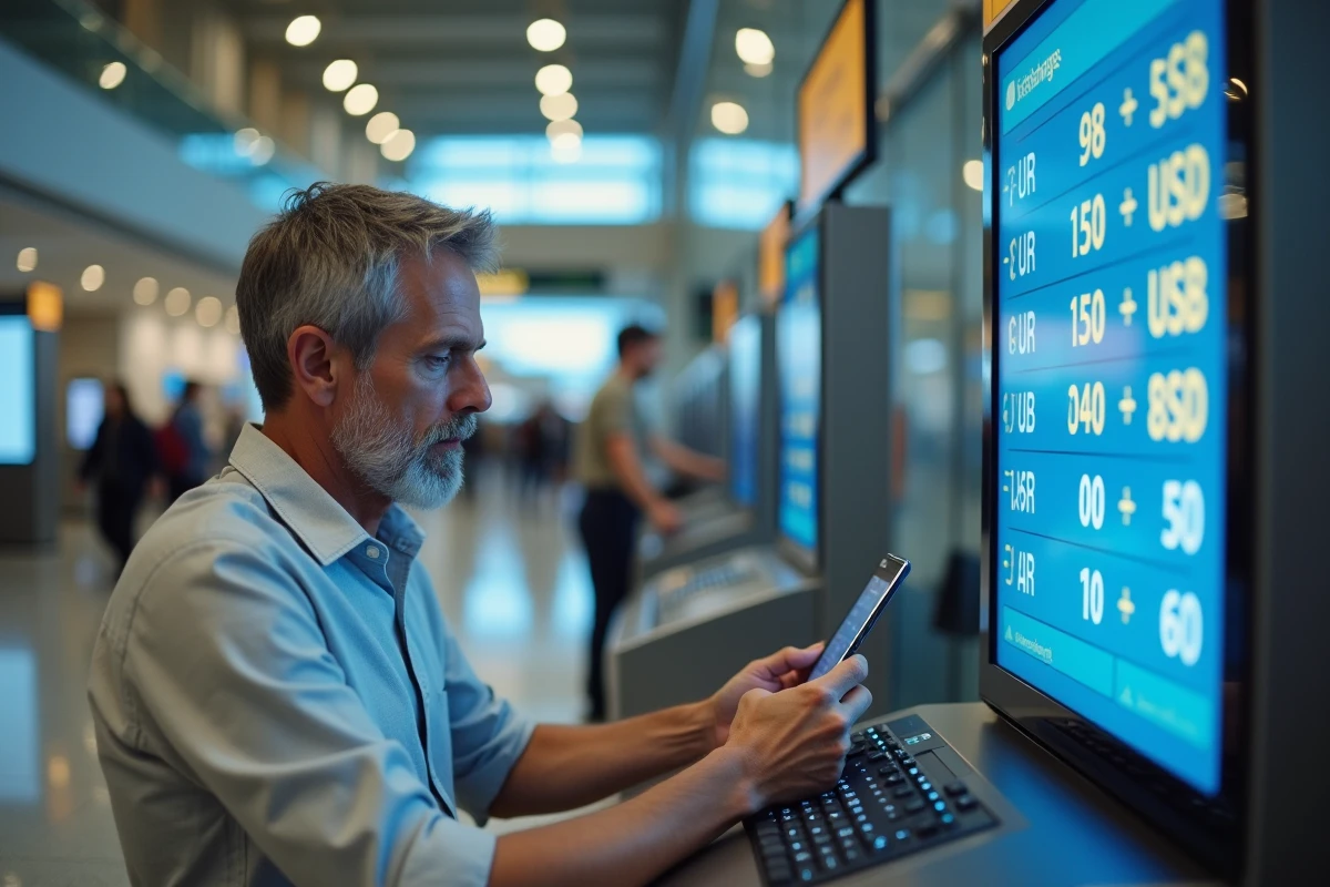 Homme comparant le taux de change euro-dollar à un bureau de change d'aéroport, illustrant les écarts de conversion cachés pour les voyageurs