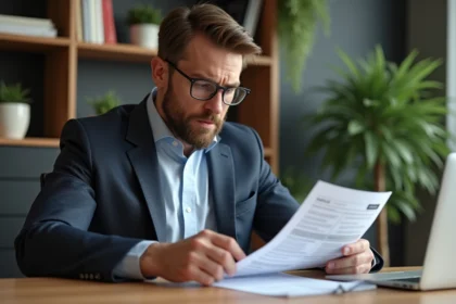 Homme professionnel en bureau examinant un document financier