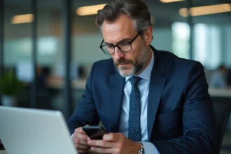 Homme d'affaires en costume navy au bureau avec ordinateur