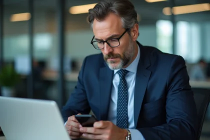 Homme d'affaires en costume navy au bureau avec ordinateur
