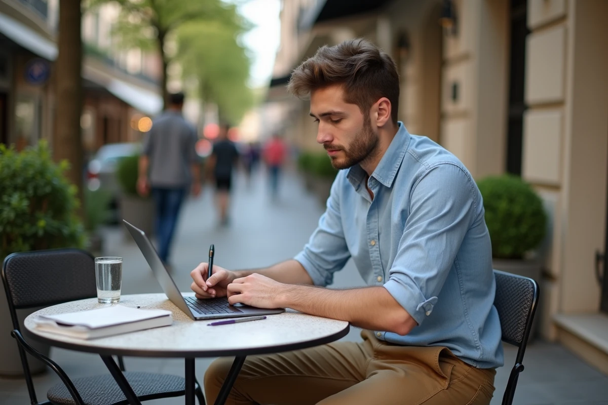 Jeune homme au café en ville avec carnet et tablette
