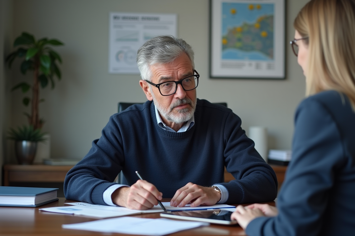 Homme en discussion avec conseiller en bureau