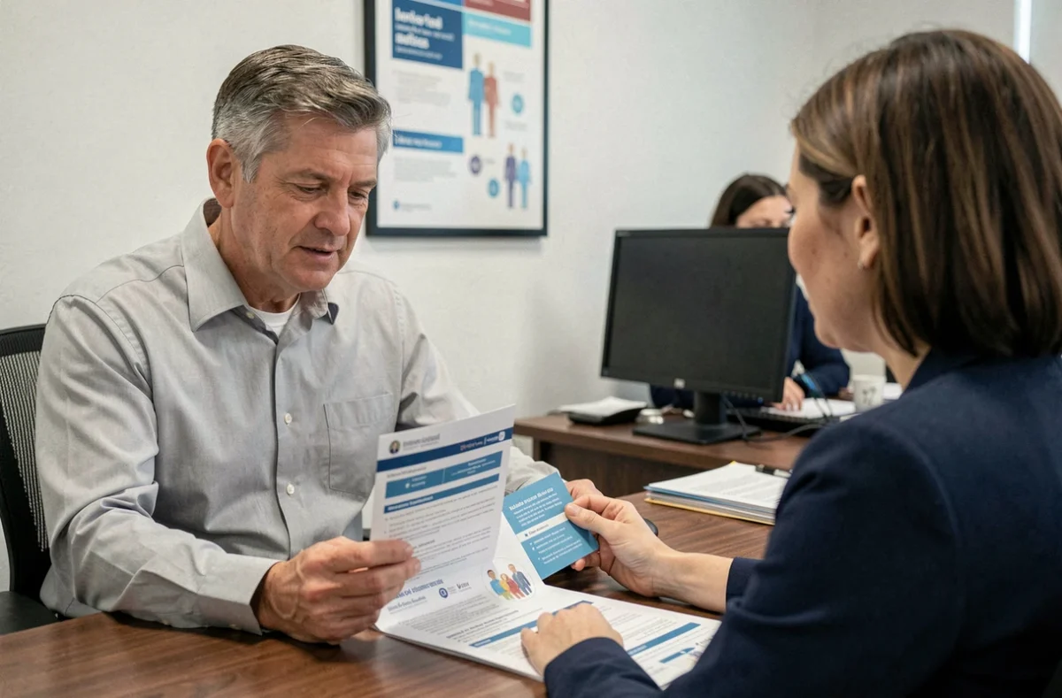 Homme de 55 ans en rendez-vous avec un conseiller en mutuelle santé dans une agence professionnelle