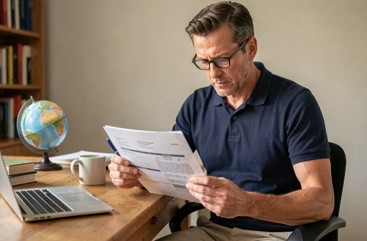 Homme lisant attentivement son contrat d'assurance voyage Europe Assistance à son bureau à domicile