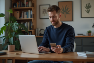 Homme concentré transférant crypto sur son ordinateur dans un bureau cosy