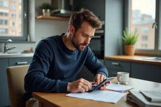 Homme en cuisine regardant des papiers et smartphone