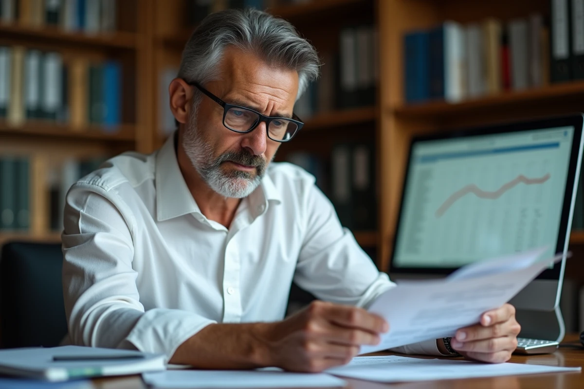 Homme consultant des documents de créances publiques à son bureau à domicile