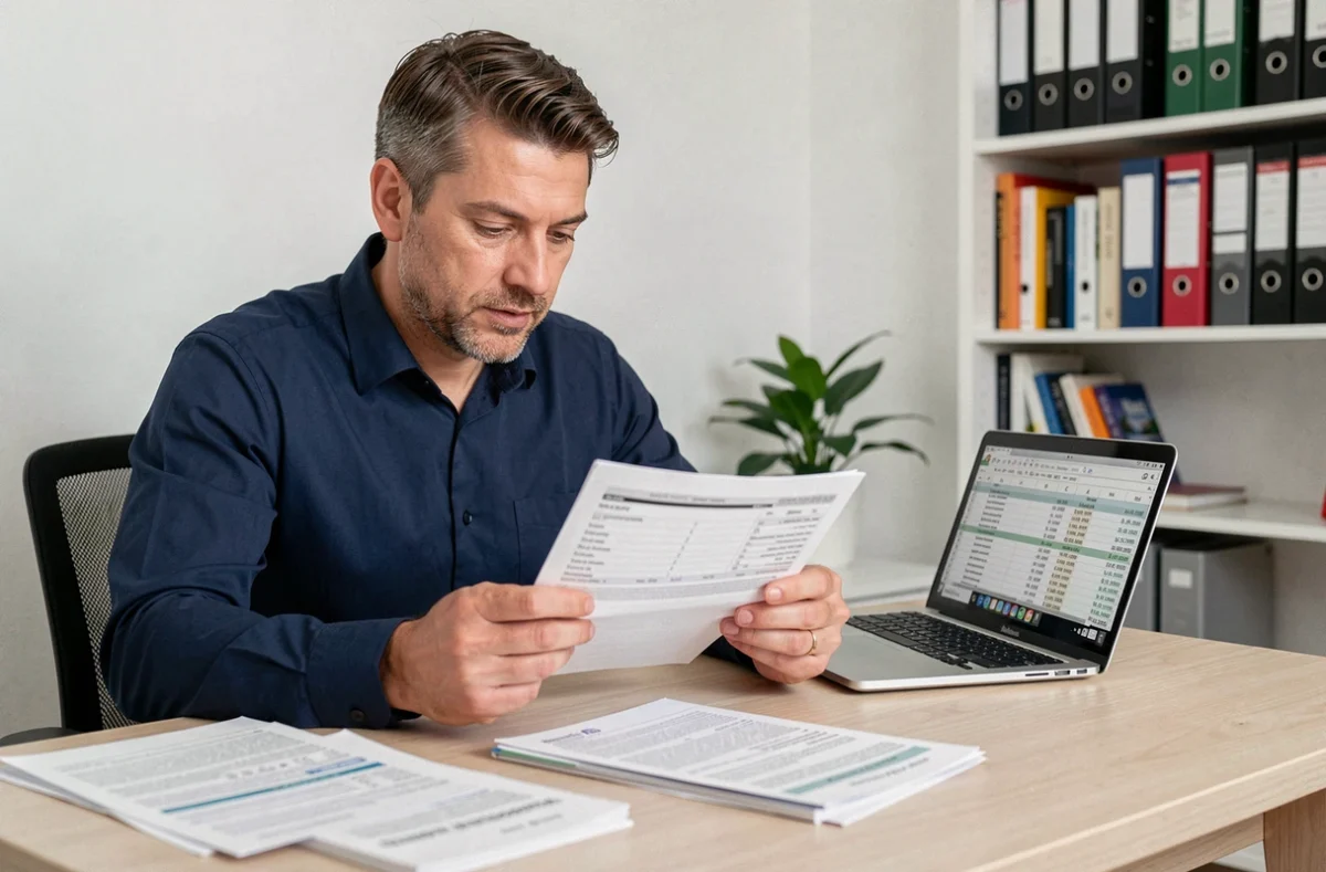 Homme consultant des documents fiscaux et relevés bancaires liés à ses ventes en ligne sur Vinted