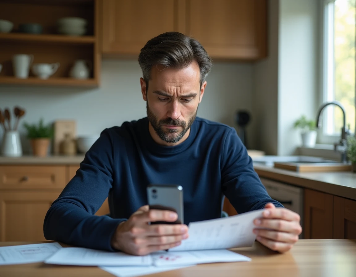 Homme à la maison consultant ses documents financiers pour trouver une solution à ses difficultés de paiement