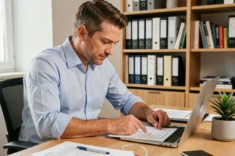Homme en chemise bleue étudiant des documents d'assurance emprunteur à son bureau à domicile