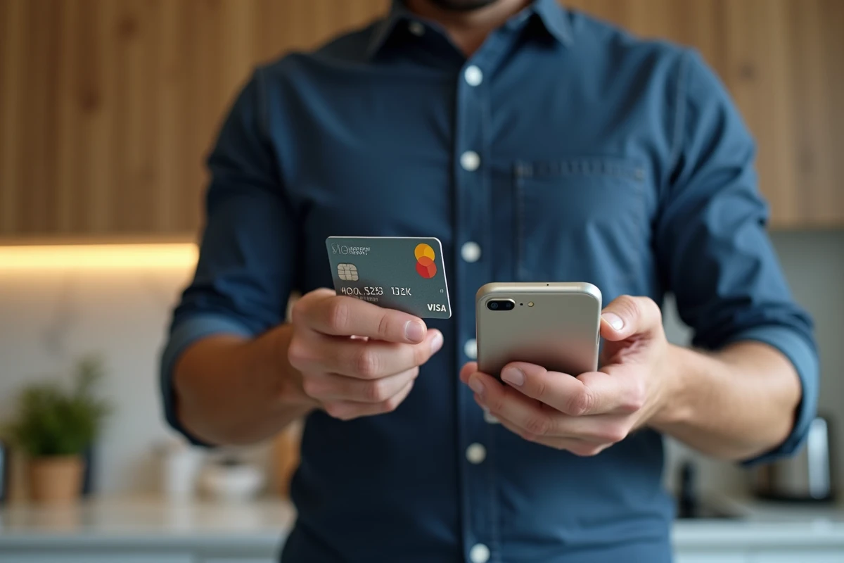 Homme gérant son budget mensuel avec une carte Mastercard et une application bancaire sur smartphone dans une cuisine moderne