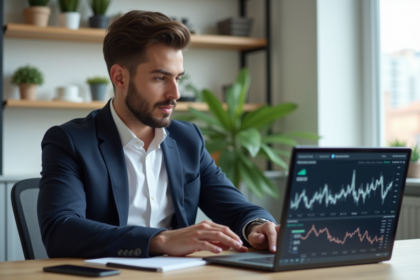 Jeune homme regardant des graphiques de cryptomonnaie dans un bureau