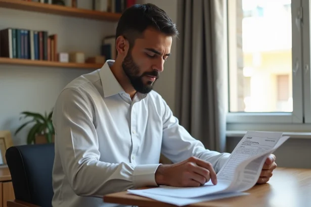 Homme marocain consultant son bulletin de salaire à son bureau à domicile, illustrant la réflexion sur le salaire médian au Maroc