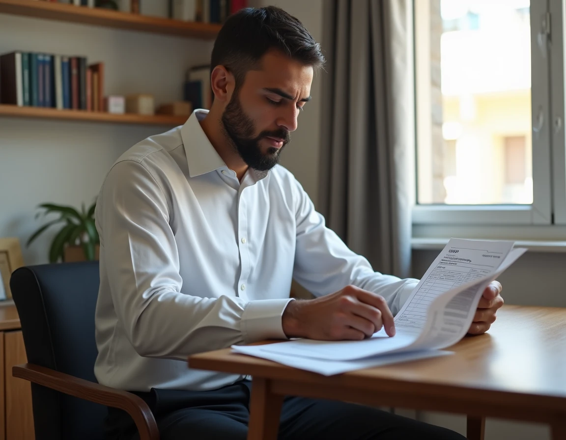 Homme marocain consultant son bulletin de salaire à son bureau à domicile, illustrant la réflexion sur le salaire médian au Maroc