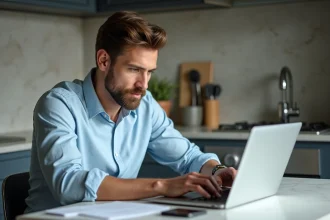 Homme en chemise bleue effectuant un paiement en ligne sur son ordinateur