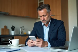 Homme d'âge moyen en costume regardant son smartphone à la maison