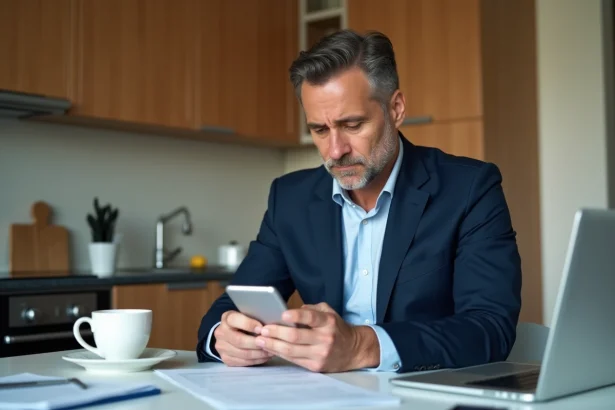 Homme d'âge moyen en costume regardant son smartphone à la maison