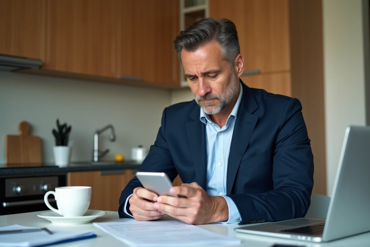 Homme d'âge moyen en costume regardant son smartphone à la maison