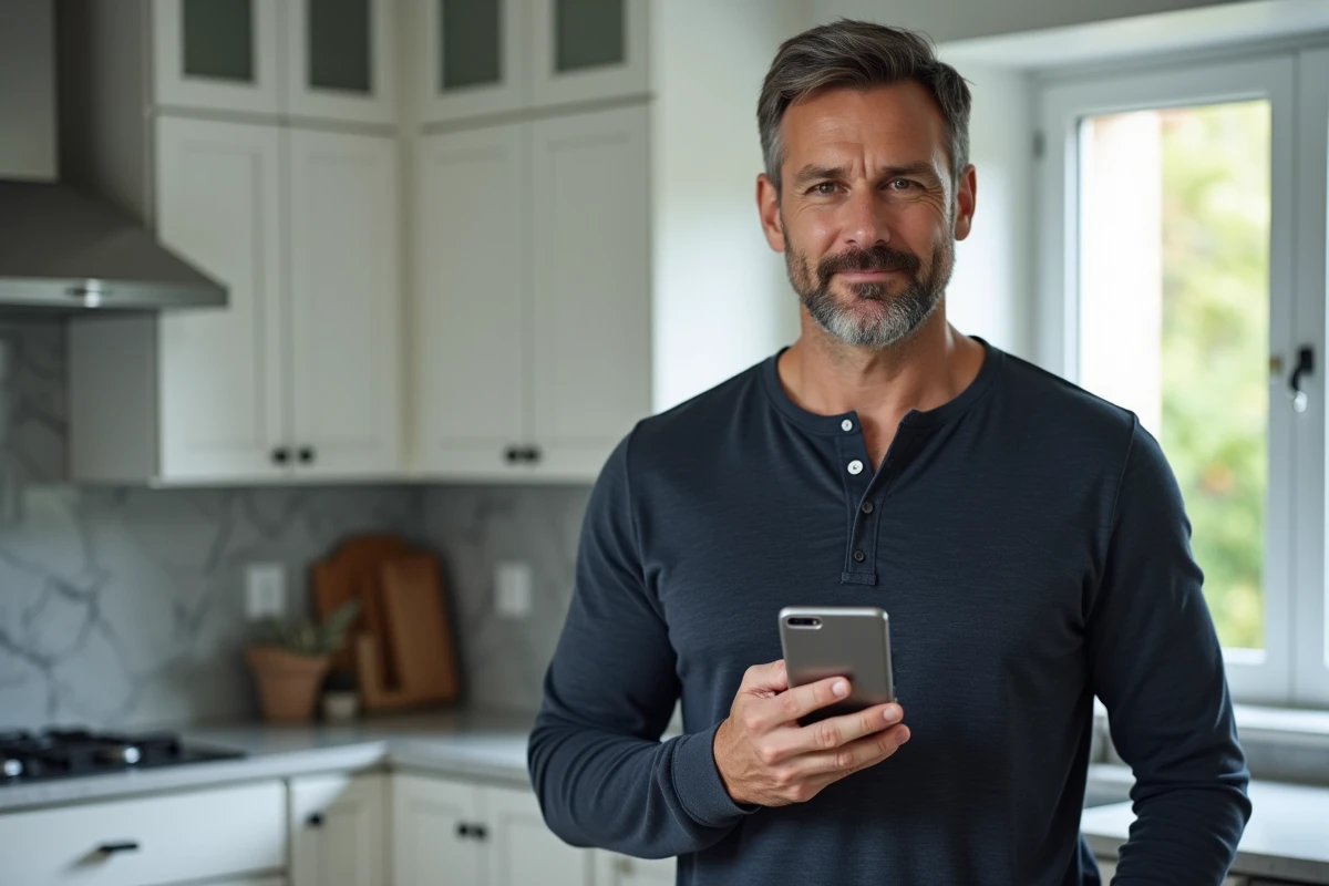 Homme consultant une application de paiement sur smartphone avec options PayPal dans une cuisine moderne