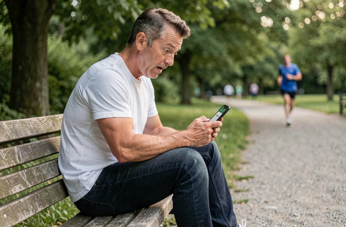 Homme assis dans un parc comparant des applications gratuites pour gagner de l'argent en marchant